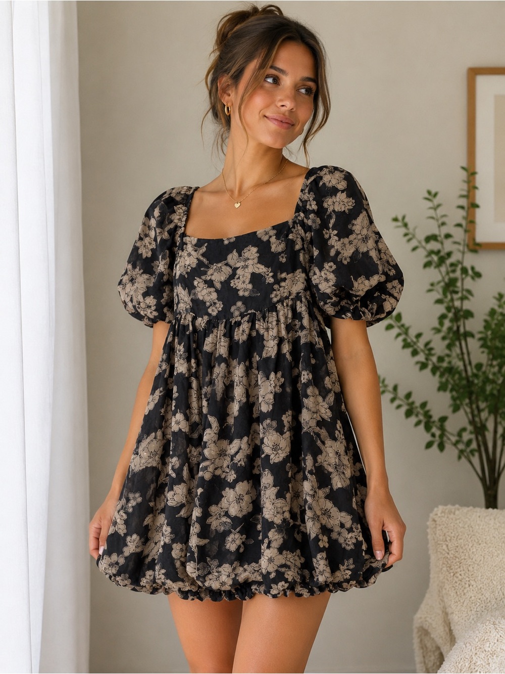 Hem & Thread Black Bubble Hem Dress with Taupe Floral Print NWT